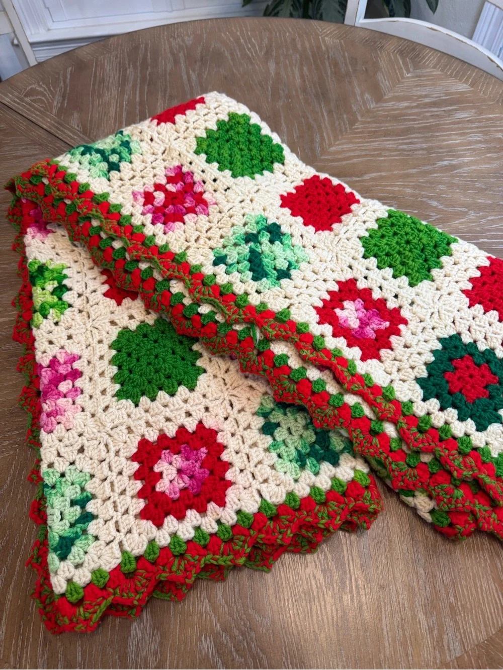 Vintage Hand Crocheted Granny Square Christmas Afghan Blanket